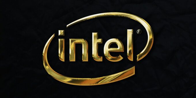 a gold intel logo on a black background